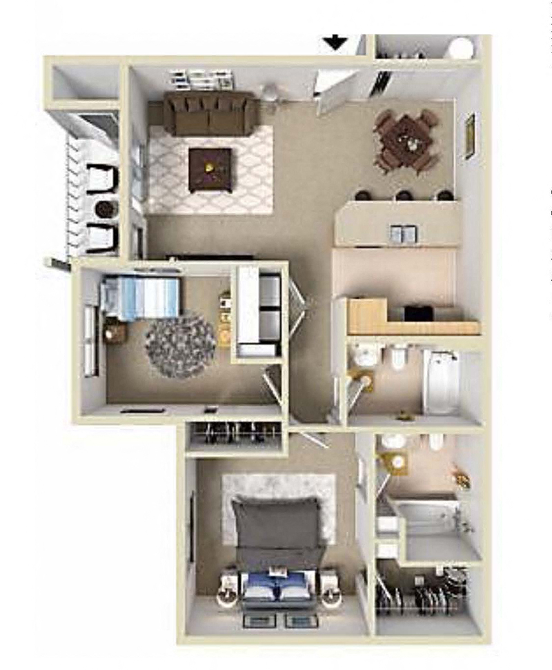 Floor plan for 2 beds, 2 baths, 932 sqft